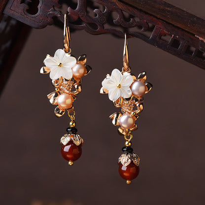 Buddha Essence 14K Gold Plated Tridacna Stone Flower Pearl Green Aventurine Bead Drop Earrings Earrings BS White Tridacna Stone Flower Pearl Red Bead