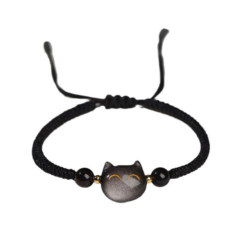 Buddha Essence Handmade Natural Silver Sheen Obsidian Strawberry Quartz Cute Cat Protection Braided Bracelet