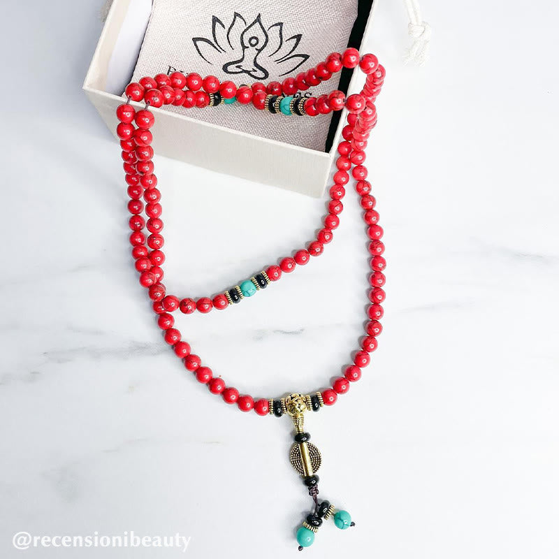 Buddha Essence Tibetan Mala Red Turquoise Lucky Necklace Bracelet Mala Bracelet BS 10