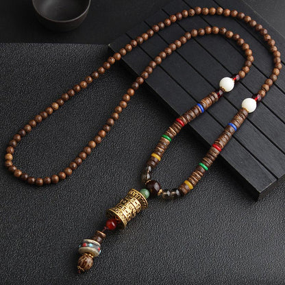 Buddha Essence Turquoise Dzi Bead Prayer Wheel Wenge Wood Meditation Necklace