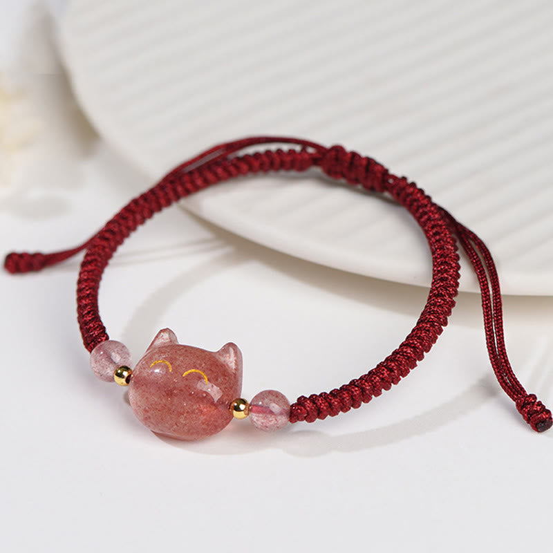 Buddha Essence Handmade Natural Silver Sheen Obsidian Strawberry Quartz Cute Cat Protection Braided Bracelet