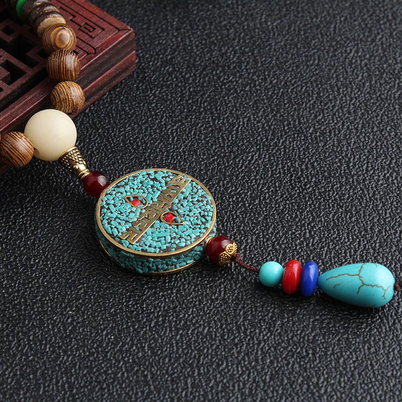 Buddha Essence Turquoise Dzi Bead Prayer Wheel Wenge Wood Meditation Necklace