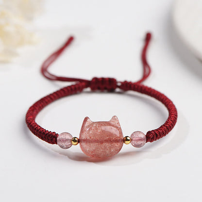 Buddha Essence Handmade Natural Silver Sheen Obsidian Strawberry Quartz Cute Cat Protection Braided Bracelet