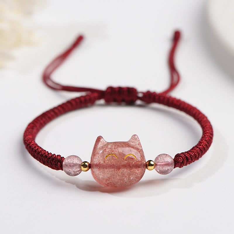 Buddha Essence Handmade Natural Silver Sheen Obsidian Strawberry Quartz Cute Cat Protection Braided Bracelet