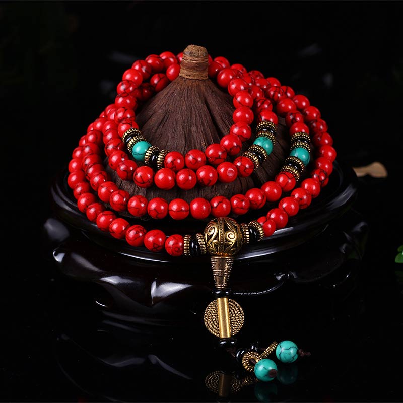 Buddha Essence Tibetan Mala Red Turquoise Lucky Necklace Bracelet Mala Bracelet BS 8mm*108