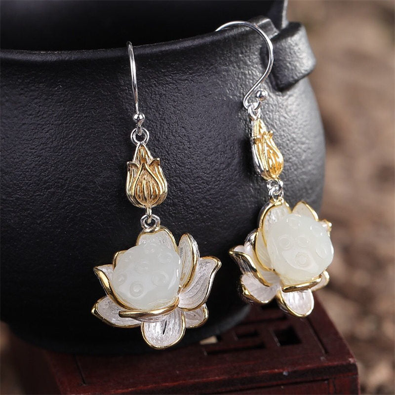 Buddha Essence White Jade Protection Harmony Drop Earrings Earrings BS 1