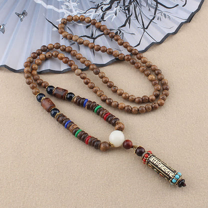 Buddha Essence Tibetan Om Mani Padme Hum Dzi Bead Wenge Wood Necklace Pendant