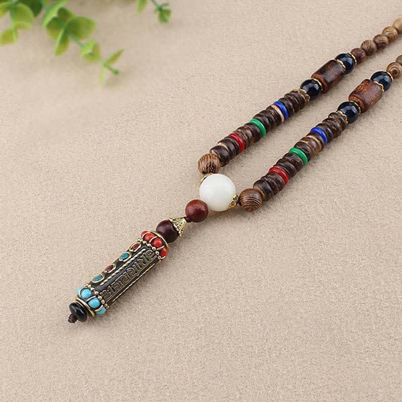 Buddha Essence Tibetan Om Mani Padme Hum Dzi Bead Wenge Wood Necklace Pendant