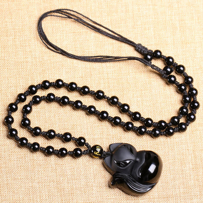 Buddha Essence Natural Black Obsidian Tiger Eye Ice Obsidian Fox Pendant Amulet Necklace