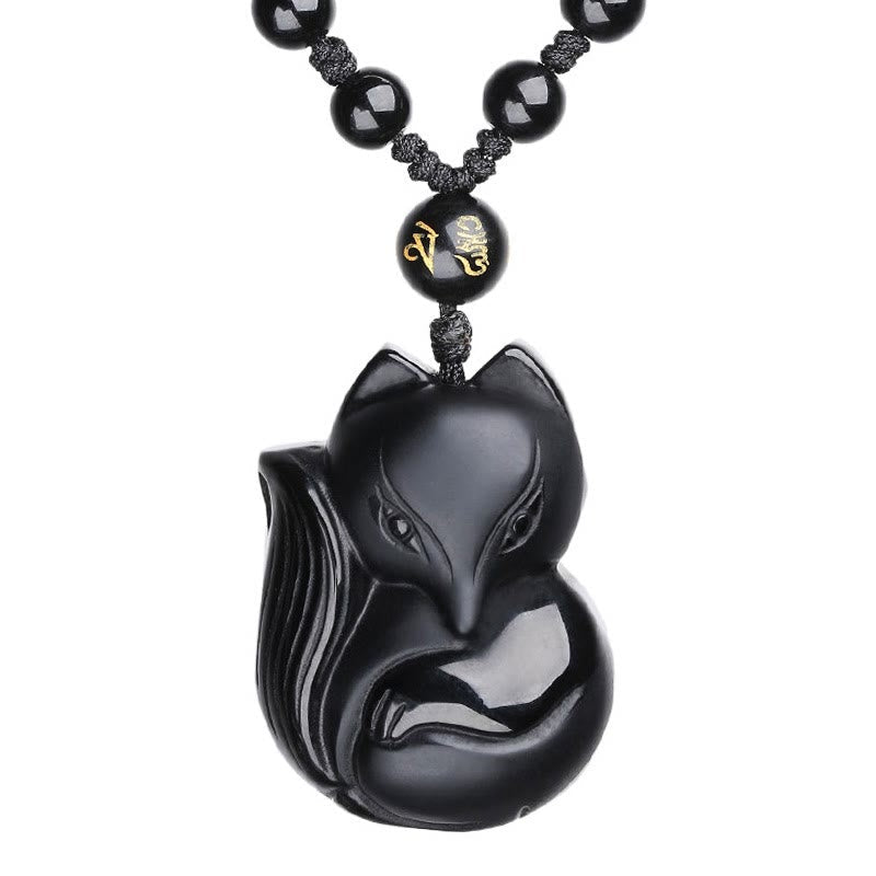 Buddha Essence Natural Black Obsidian Tiger Eye Ice Obsidian Fox Pendant Amulet Necklace