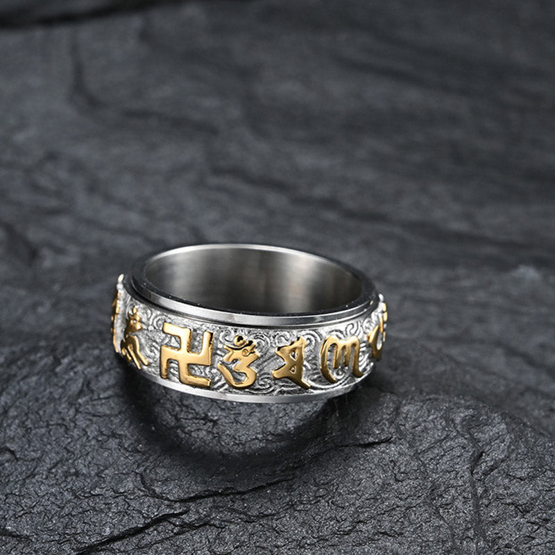 Buddha Essence Six True Words Balance Calm Titanium Steel Ring Rings BS 3