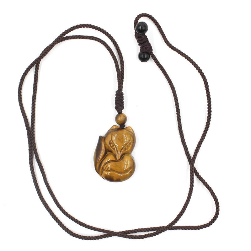 Buddha Essence Natural Black Obsidian Tiger Eye Ice Obsidian Fox Pendant Amulet Necklace