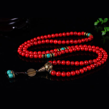 Buddha Essence Tibetan Mala Red Turquoise Lucky Necklace Bracelet Mala Bracelet BS 2