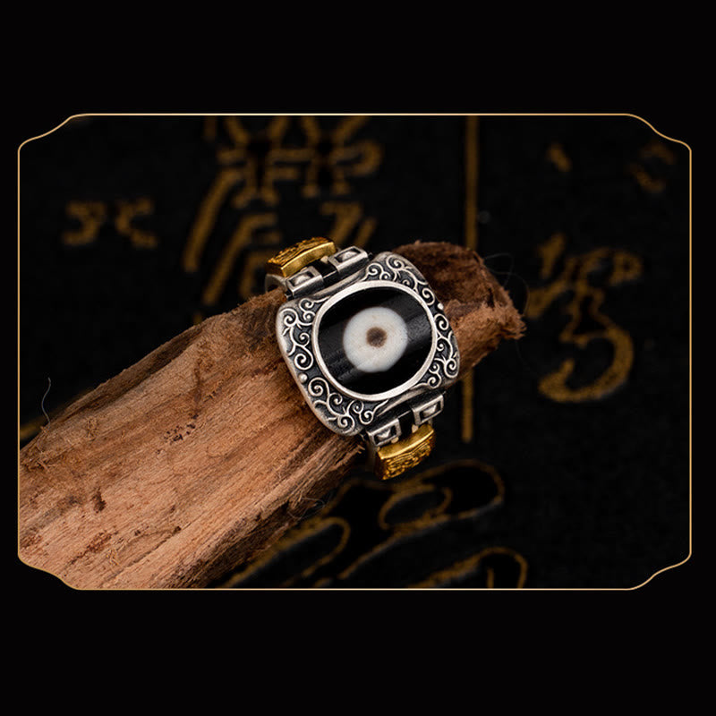 Buddha Essence 925 Sterling Silver Zakiram Goddess of Wealth Design Dzi Bead Protection Ring Ring BS 5