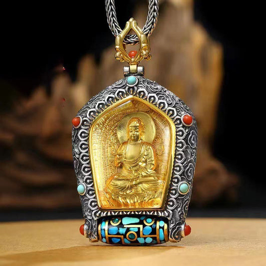 Buddha Essence Tibet Chinese Zodiac Natal Buddha Thangka Prosperity Rotatable Dzi Bead Necklace Pendant