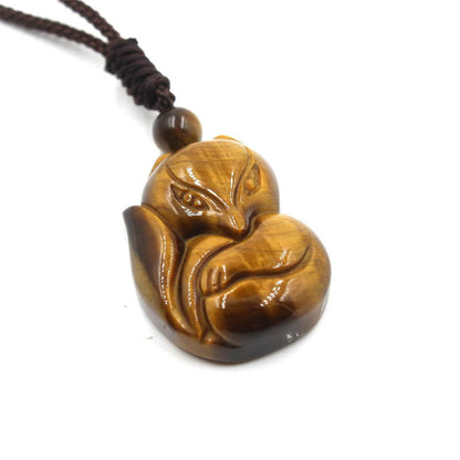 Buddha Essence Natural Black Obsidian Tiger Eye Ice Obsidian Fox Pendant Amulet Necklace