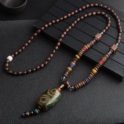 Buddha Essence Turquoise Dzi Bead Prayer Wheel Wenge Wood Meditation Necklace