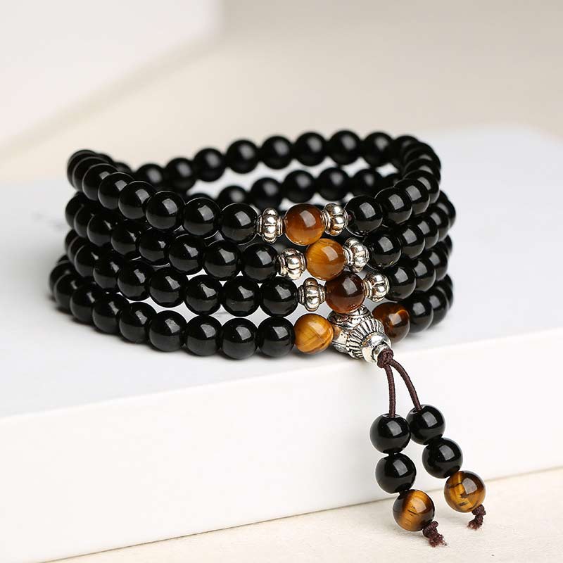 Buddha Essence Black Obsidian Tiger Eye Blessing Mala Bracelet Mala Bracelet BS 3