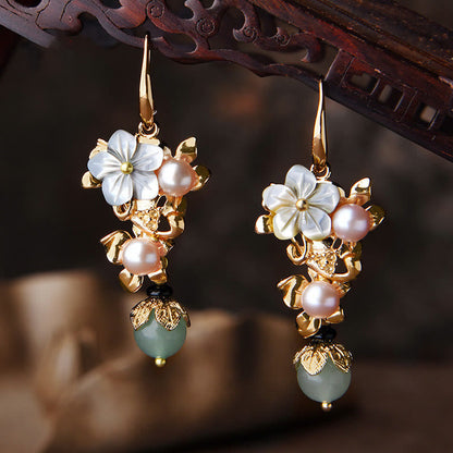 Buddha Essence 14K Gold Plated Tridacna Stone Flower Pearl Green Aventurine Bead Drop Earrings Earrings BS Gray Tridacna Stone Flower Pearl Light Green Bead