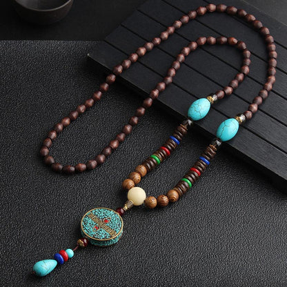 Buddha Essence Turquoise Dzi Bead Prayer Wheel Wenge Wood Meditation Necklace