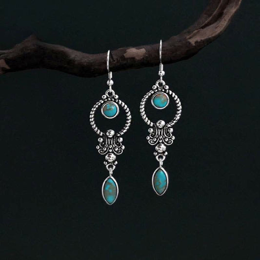 Buddha Essence 925 Sterling Silver Vintage Turquoise Waterdrop Pattern Balance Drop Dangle Earrings Earrings BS 925 Sterling Silver Turquoise Earrings