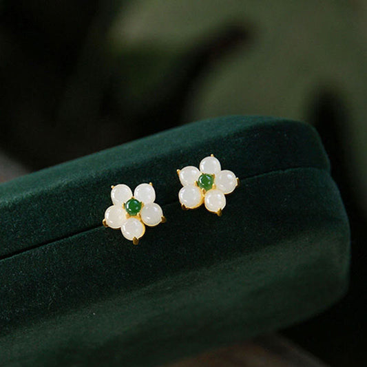 Buddha Essence White Jade Flower Luck Blessing Stud Earrings Earrings BS White Jade(Protection?Blessing)