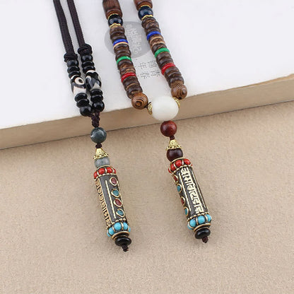 Buddha Essence Tibetan Om Mani Padme Hum Dzi Bead Wenge Wood Necklace Pendant