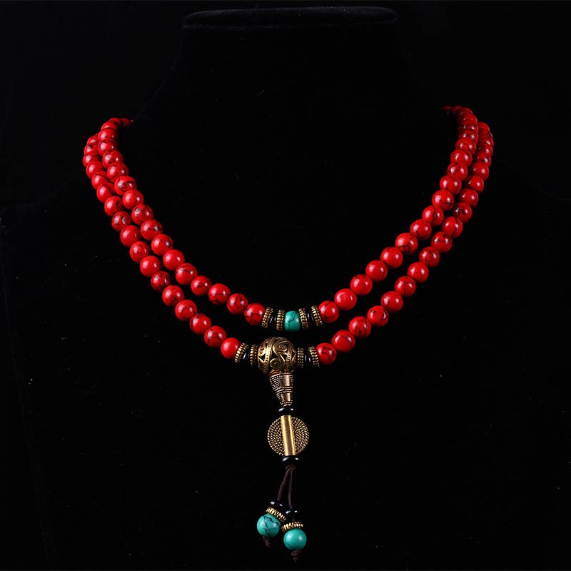 Buddha Essence Tibetan Mala Red Turquoise Lucky Necklace Bracelet Mala Bracelet BS 3