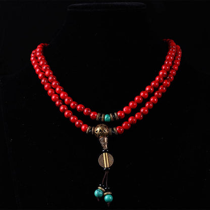 Buddha Essence Tibetan Mala Red Turquoise Lucky Necklace Bracelet Mala Bracelet BS 3