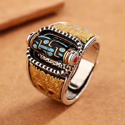 Buddha Essence Tibetan Nine-Eye Dzi Bead Wealth Blessings Rotatable Ring Ring BS Nine-Eye Dzi Bead(Wealth♥Protection)