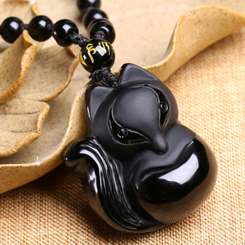 Buddha Essence Natural Black Obsidian Tiger Eye Ice Obsidian Fox Pendant Amulet Necklace