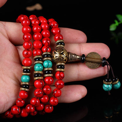 Buddha Essence Tibetan Mala Red Turquoise Lucky Necklace Bracelet Mala Bracelet BS 9