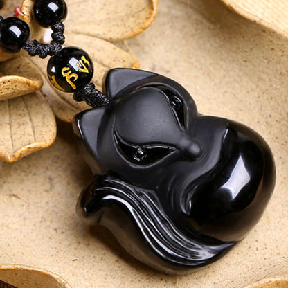 Buddha Essence Natural Black Obsidian Tiger Eye Ice Obsidian Fox Pendant Amulet Necklace