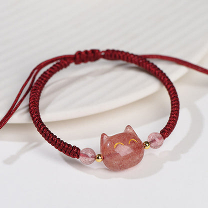 Buddha Essence Handmade Natural Silver Sheen Obsidian Strawberry Quartz Cute Cat Protection Braided Bracelet