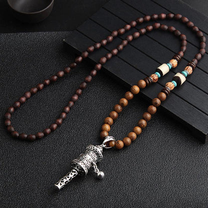 Buddha Essence Turquoise Dzi Bead Prayer Wheel Wenge Wood Meditation Necklace