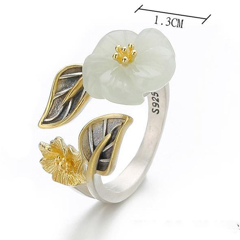 Buddha Essence 925 Silver Plated Copper White Jade Plum Flower Leaf Luck Ring Rings BS 11