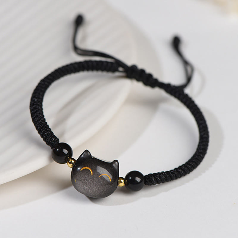 Buddha Essence Handmade Natural Silver Sheen Obsidian Strawberry Quartz Cute Cat Protection Braided Bracelet