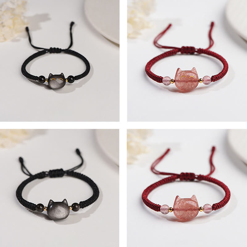 Buddha Essence Handmade Natural Silver Sheen Obsidian Strawberry Quartz Cute Cat Protection Braided Bracelet