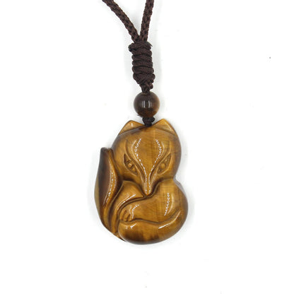 Buddha Essence Natural Black Obsidian Tiger Eye Ice Obsidian Fox Pendant Amulet Necklace