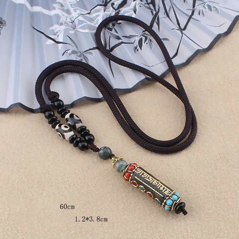 Buddha Essence Tibetan Om Mani Padme Hum Dzi Bead Wenge Wood Necklace Pendant