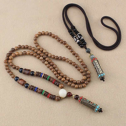 Buddha Essence Tibetan Om Mani Padme Hum Dzi Bead Wenge Wood Necklace Pendant