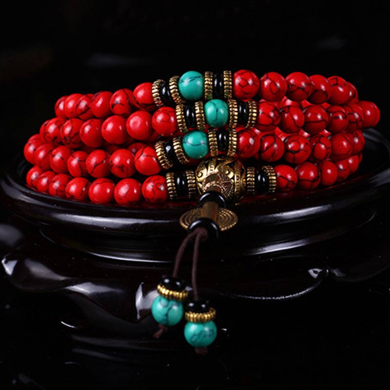 Buddha Essence Tibetan Mala Red Turquoise Lucky Necklace Bracelet Mala Bracelet BS 1