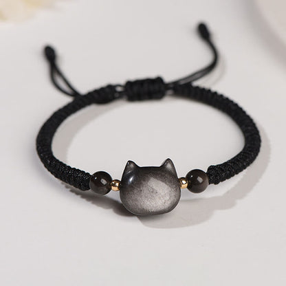 Buddha Essence Handmade Natural Silver Sheen Obsidian Strawberry Quartz Cute Cat Protection Braided Bracelet