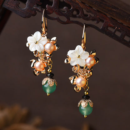 Buddha Essence 14K Gold Plated Tridacna Stone Flower Pearl Green Aventurine Bead Drop Earrings Earrings BS White Tridacna Stone Flower Pearl Green Bead