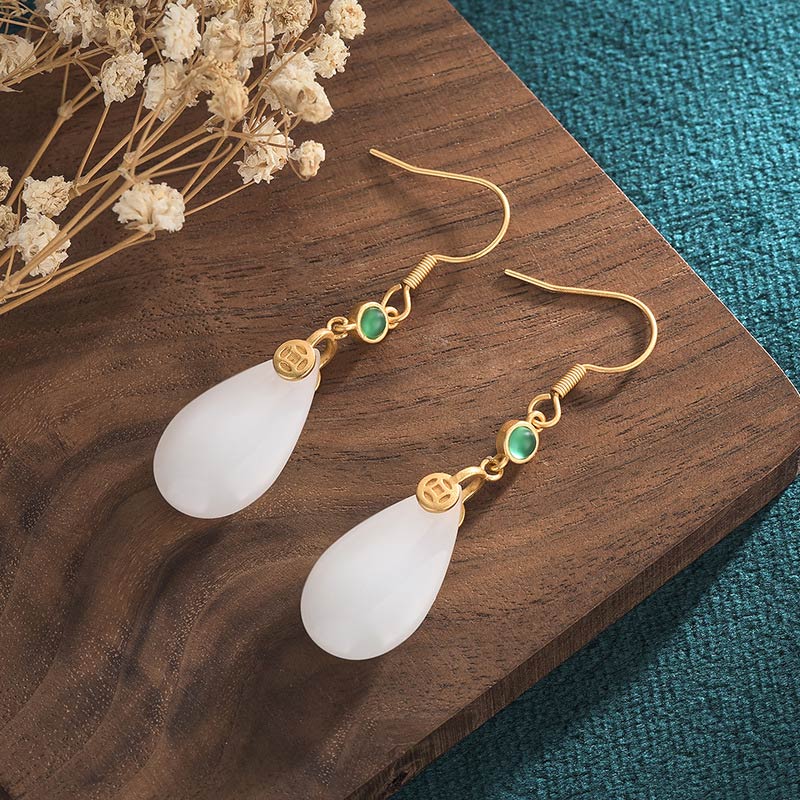 Buddha Essence FengShui White Jade Luck Drop Earrings Earrings BS 17