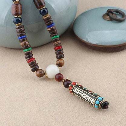 Buddha Essence Tibetan Om Mani Padme Hum Dzi Bead Wenge Wood Necklace Pendant