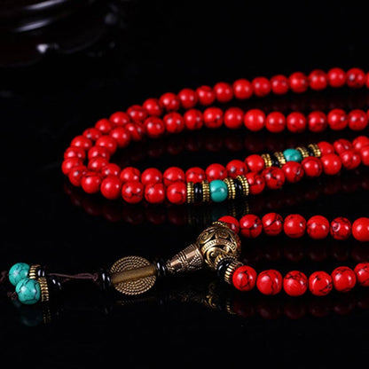 Buddha Essence Tibetan Mala Red Turquoise Lucky Necklace Bracelet Mala Bracelet BS 7