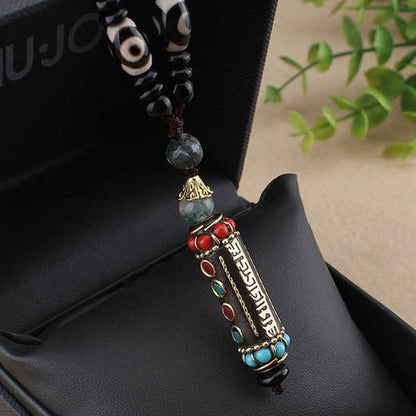 Buddha Essence Tibetan Om Mani Padme Hum Dzi Bead Wenge Wood Necklace Pendant