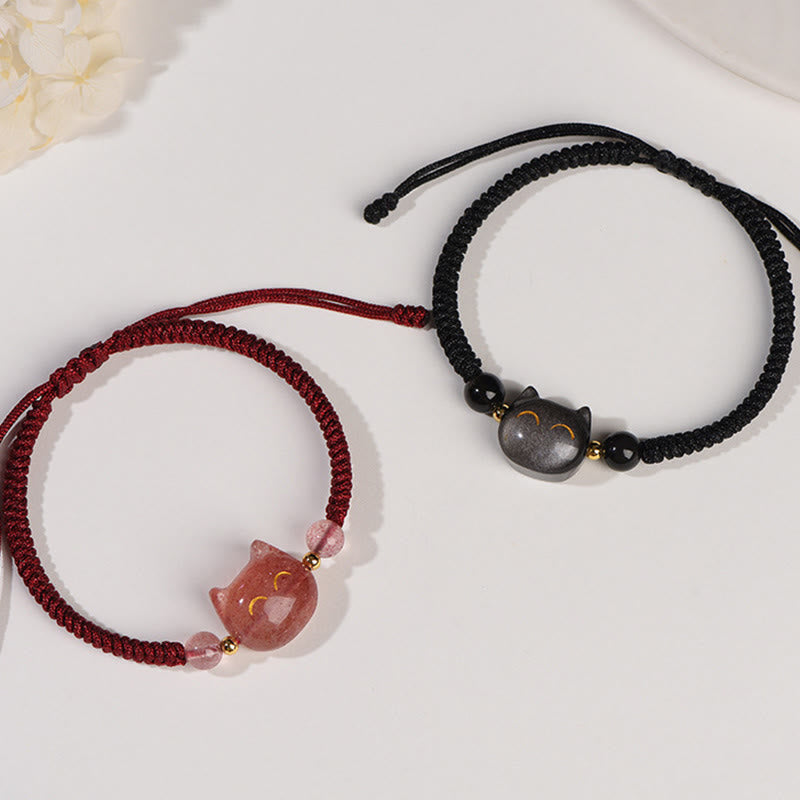 Buddha Essence Handmade Natural Silver Sheen Obsidian Strawberry Quartz Cute Cat Protection Braided Bracelet