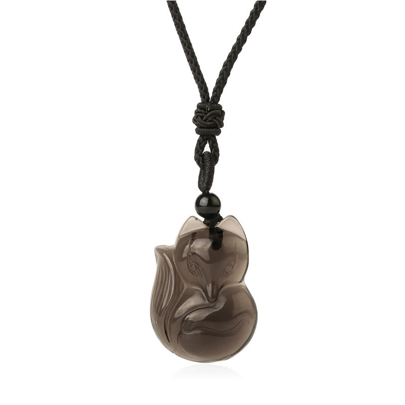 Buddha Essence Natural Black Obsidian Tiger Eye Ice Obsidian Fox Pendant Amulet Necklace